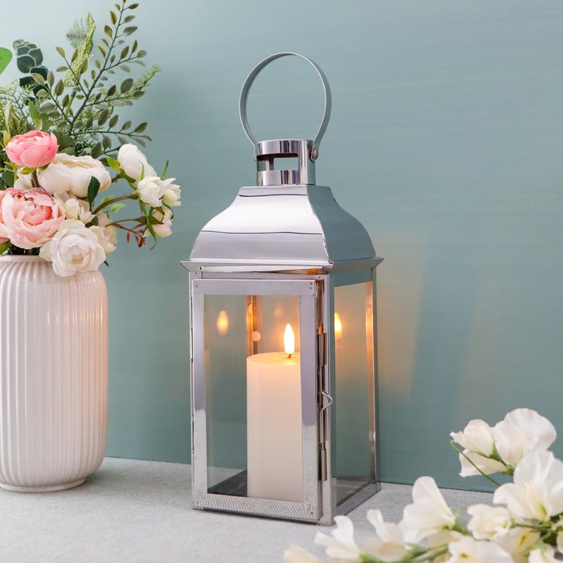 JHY DESIGN Silver Decorative Lanterns 12.5''High Stainless Steel Candle Lanterns with Tempered Glass for Indoor Outdoor Events Parities and Weddings Vintage Style Hanging Lamps - Image 1